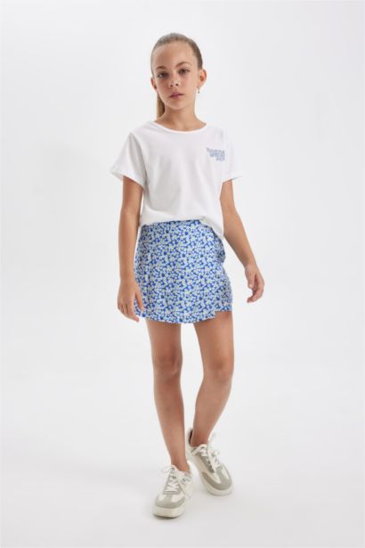 Ensemble : T-Shirt à Manches Courtes et Jupe-Short en Viscose à Fleurs pour Fille