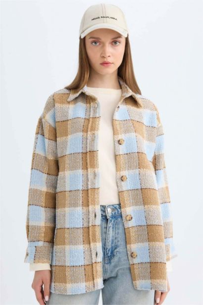 Relax Fit Shirt Collar Plaid Flannel Shirt Tunic