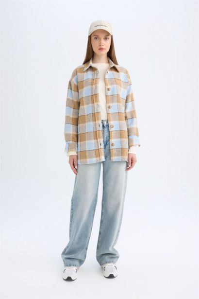 Relax Fit Shirt Collar Plaid Flannel Shirt Tunic