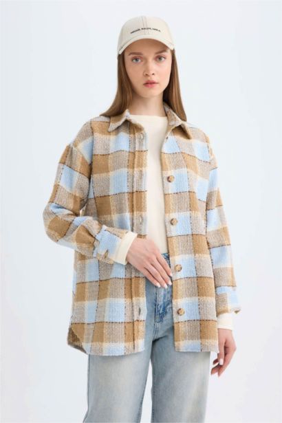 Relax Fit Shirt Collar Plaid Flannel Shirt Tunic