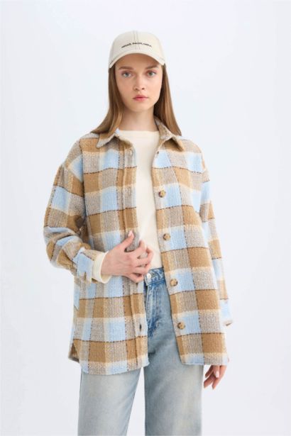 Relax Fit Shirt Collar Plaid Flannel Shirt Tunic