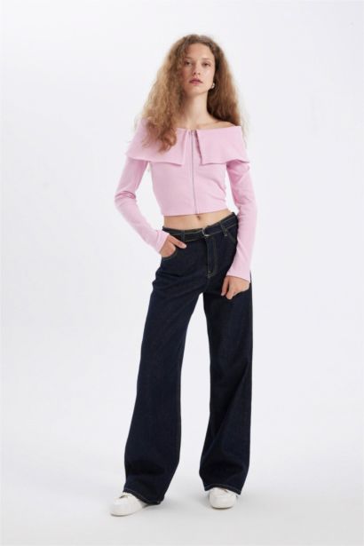 Cardigan Slim Basique à épaules dénudées avec fermeture éclair