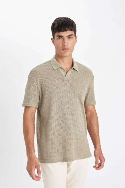 Regular Fit Kısa Kollu Dokulu Triko Polo Tişört