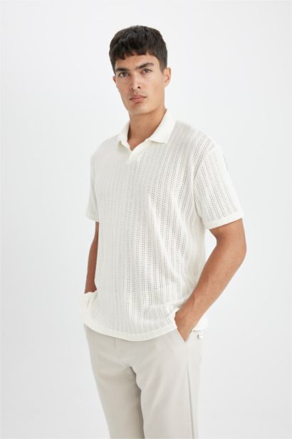 Regular Fit Kısa Kollu Dokulu Triko Polo Tişört