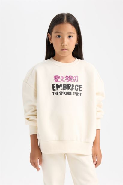 Kız Çocuk 2'li Takım Baskılı Sweatshirt Üst Beli Lastikli Jogger Eşofman Altı