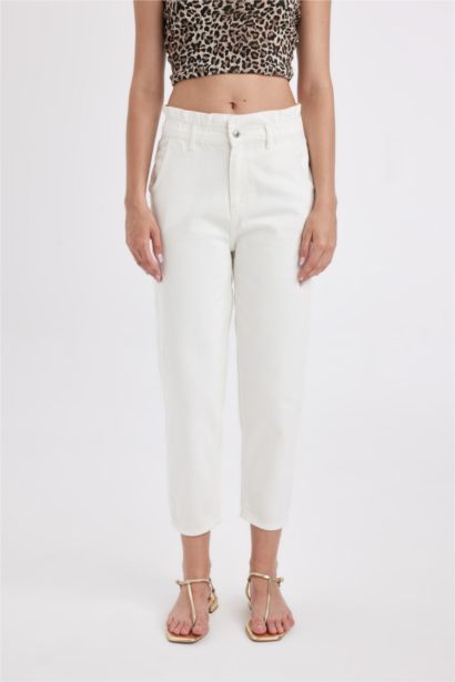 Paperbag Waist Elasticated Light Straight Leg White Jeans