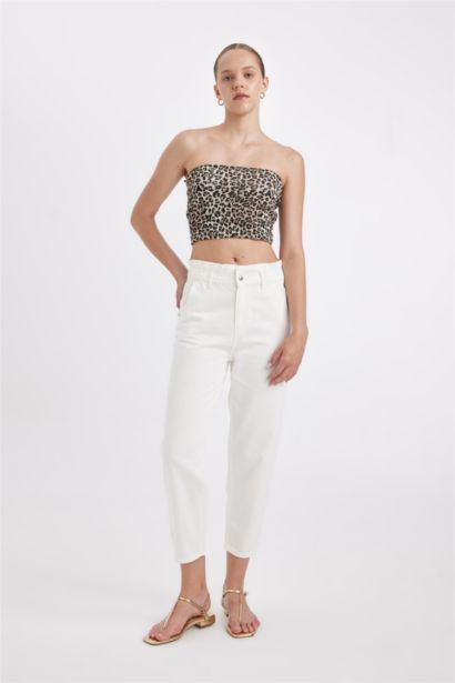 Paperbag Waist Elasticated Light Straight Leg White Jeans