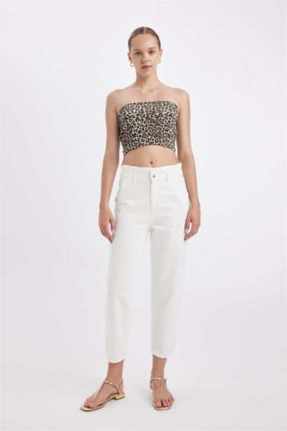 Paperbag Waist Elasticated Light Straight Leg White Jeans