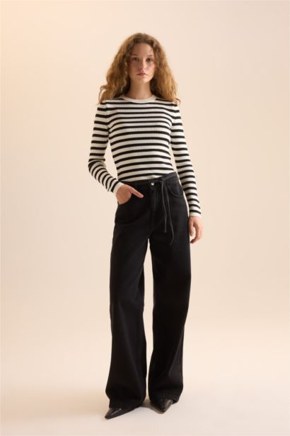 Fitted Bisiklet Yaka Çizgili Ribana Triko Kazak