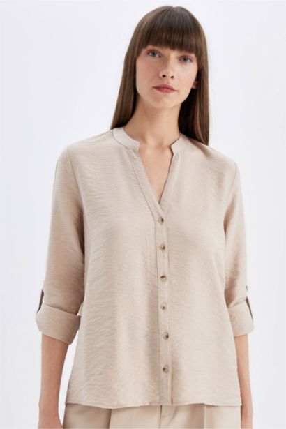 قميص سامبل كم طويل قصة عادية برقبة مستديرة