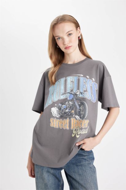 Oversize Geniş Kalıp Bisiklet Yaka Baskılı Kısa Kollu Tişört