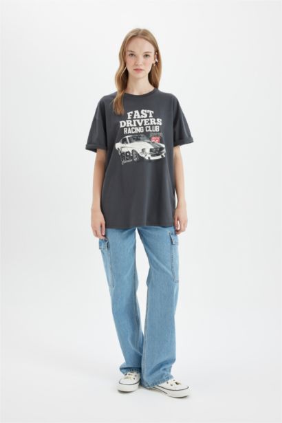 Oversize Geniş Kalıp Bisiklet Yaka Geniş Kalıp Baskılı Kısa Kollu Tişört