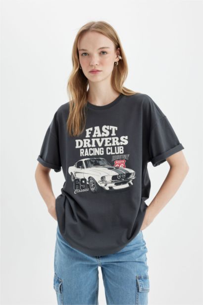 Oversize Geniş Kalıp Bisiklet Yaka Geniş Kalıp Baskılı Kısa Kollu Tişört