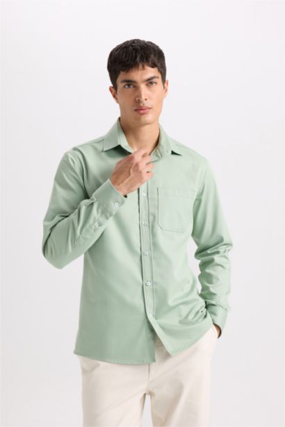 Regular Fit Polo Collar Gabardine Long Sleeve Shirt