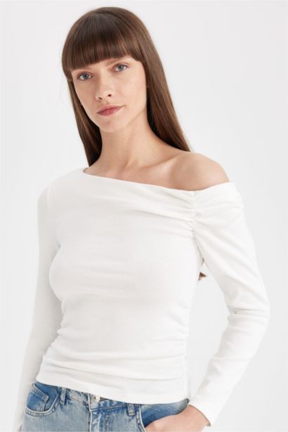 Slim Fit One Shoulder Ribbed Basic Long Sleeve T-Shirt