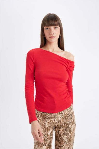 Kırmızı Slım Fıt Tek Omuzlu Ribana Basıc Tişört