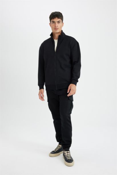 Comfort Regular Fit Rahat Kesim Dik Yaka Cepli Basic Düz Fermuarlı Sweatshirt