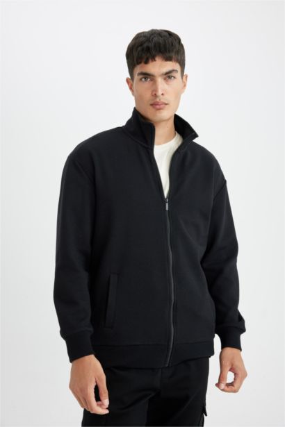 Comfort Regular Fit Rahat Kesim Dik Yaka Cepli Basic Düz Fermuarlı Sweatshirt