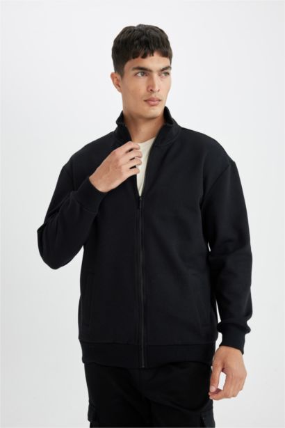 Comfort Regular Fit Rahat Kesim Dik Yaka Cepli Basic Düz Fermuarlı Sweatshirt