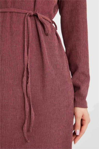 Regular Fit Bürümcük Uzun Kollu Bağcıklı Midi Elbise