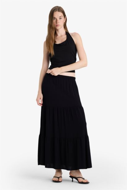 تنورة طويلة فيسكوز كرنكيل بخصر عالي وبطانة قطنية