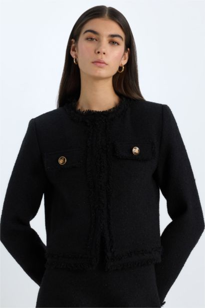 Crop Bisiklet Yaka Tweed Blazer Ceket