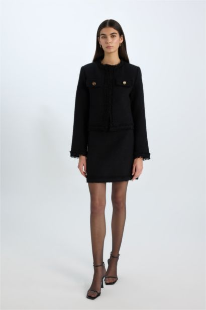 Crop Bisiklet Yaka Tweed Blazer Ceket