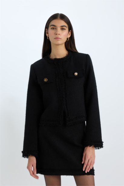 Crop Bisiklet Yaka Tweed Blazer Ceket