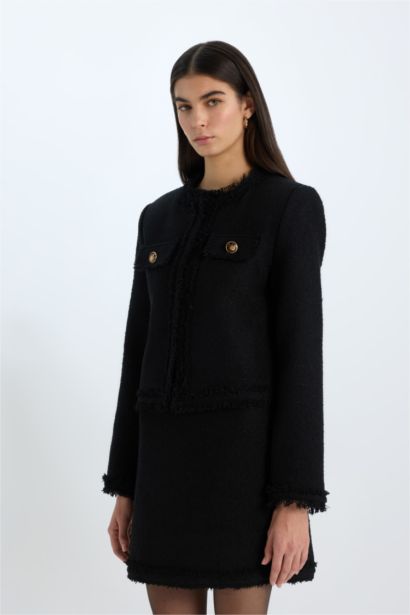 Crop Bisiklet Yaka Tweed Blazer Ceket