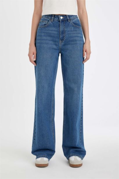 Straight Wide Yüksek Bel Düz Paça Uzun Jean Yıkamalı Pantolon