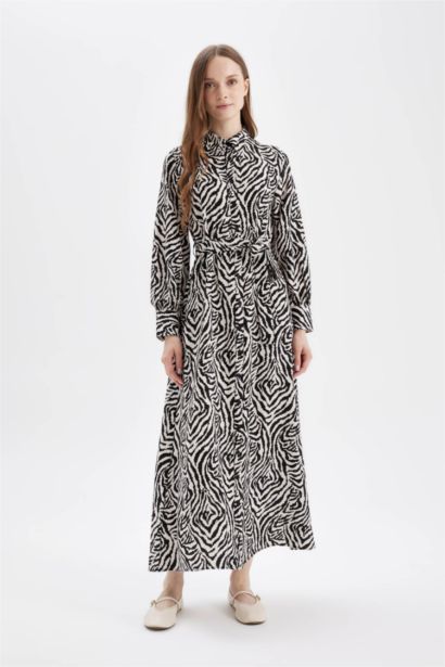 A-Line Patterned Shirt Collar Long Sleeve Maxi Dress