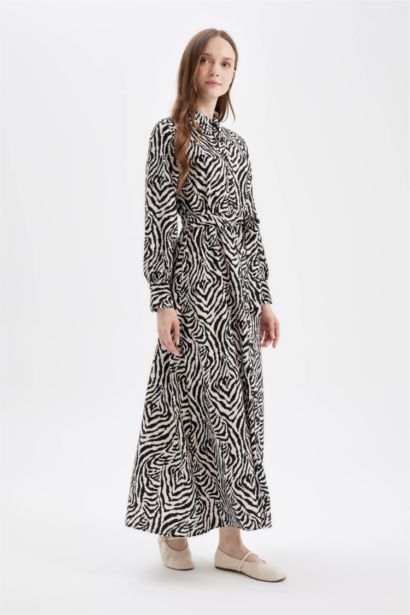 A-Line Patterned Shirt Collar Long Sleeve Maxi Dress