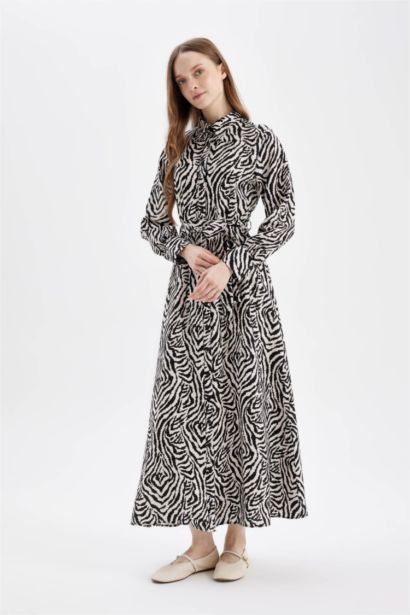 A-Line Patterned Shirt Collar Long Sleeve Maxi Dress