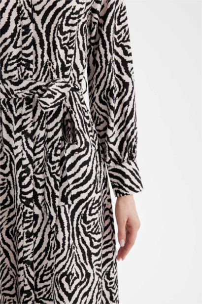 A-Line Patterned Shirt Collar Long Sleeve Maxi Dress