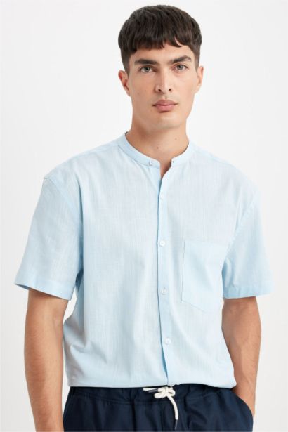 %100 Pamuk Regular Fit Dik Yaka Pamuklu Kısa Kollu Gömlek