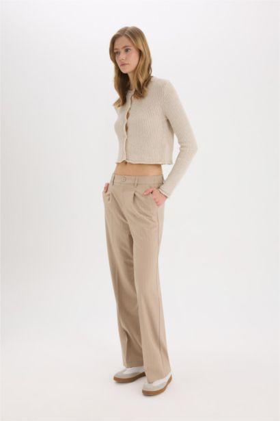 Wide Leg Kumaş Palazzo Pantolon Çift Cepli Normal Bel Standart Boy