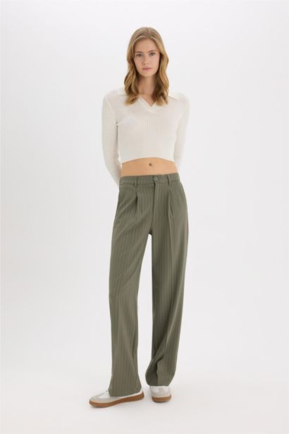 Darted Regular Waist Wide Leg Classic Fabric Trousers