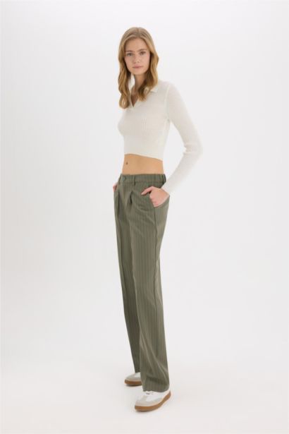 Darted Regular Waist Wide Leg Classic Fabric Trousers