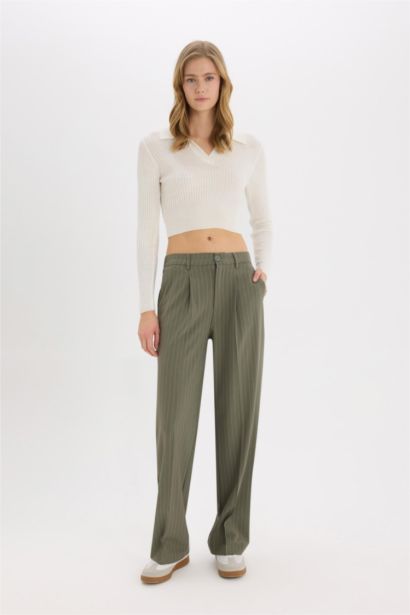 Darted Regular Waist Wide Leg Classic Fabric Trousers