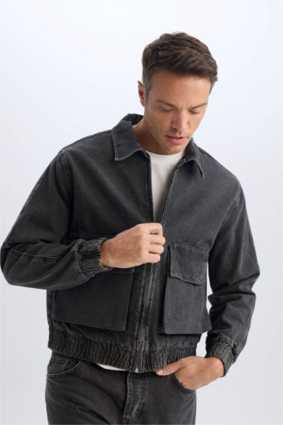 جاكيت جينز قصة مريحة بجيب وياخة بولو