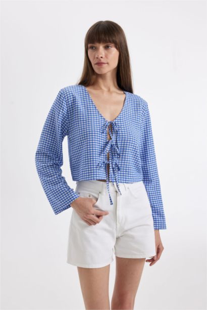 Regular Fit V Neck Crinkle Long Sleeve Blouse