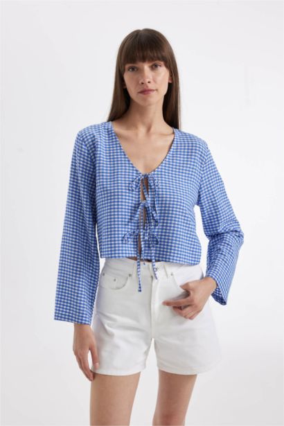 Regular Fit V Neck Crinkle Long Sleeve Blouse