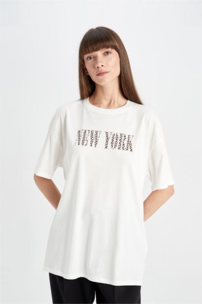 Oversize Fit Crew Neck Printed Cotton T-Shirt
