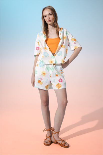 Oversize Fit Patterned Pajama Collar Short Sleeve Shirt