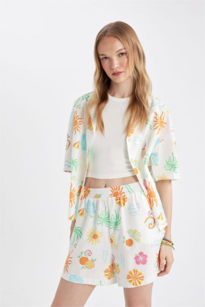 Oversize Fit Patterned Pajama Collar Short Sleeve Shirt