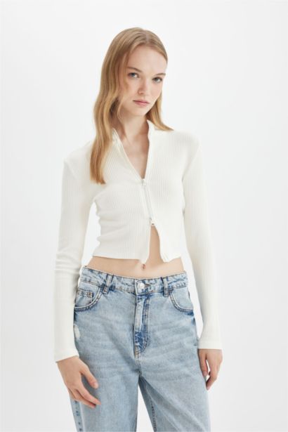 Cardigan court blanc basique zippé en tissu côtelé, à col montant