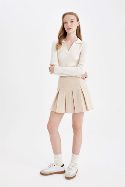 Piliseli Normal Bel Basıc Gabardin Mini Etek