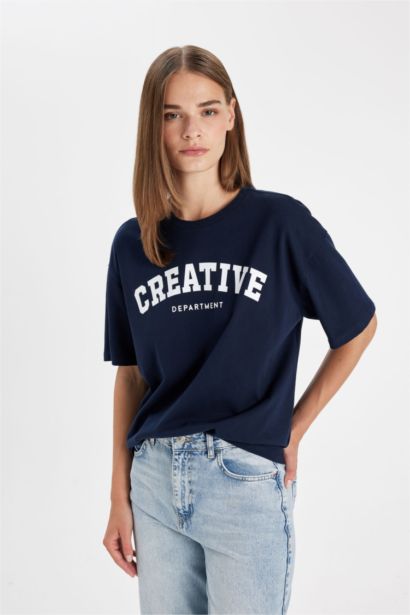 تيشيرت نص كم واسع برقبة مستديرة