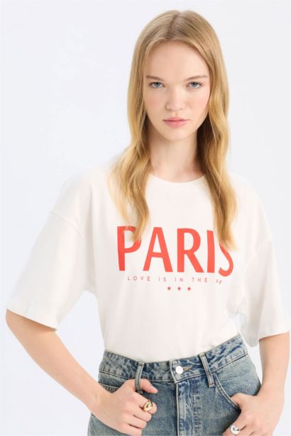 Oversize Geniş Kalıp Bisiklet Yaka Baskılı Kısa Kollu Tişört