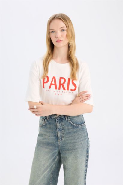 Oversize Geniş Kalıp Bisiklet Yaka Baskılı Kısa Kollu Tişört